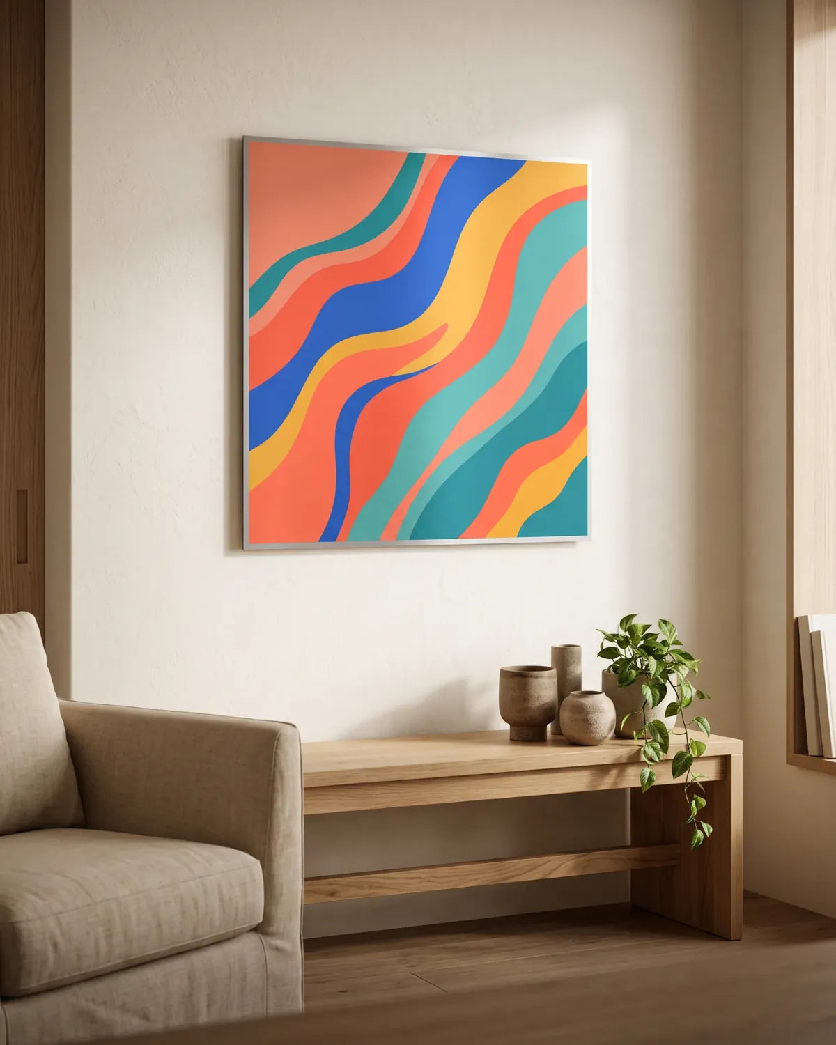 Colourful abstract artwork on a metal print above an oak bench in a warm modern home