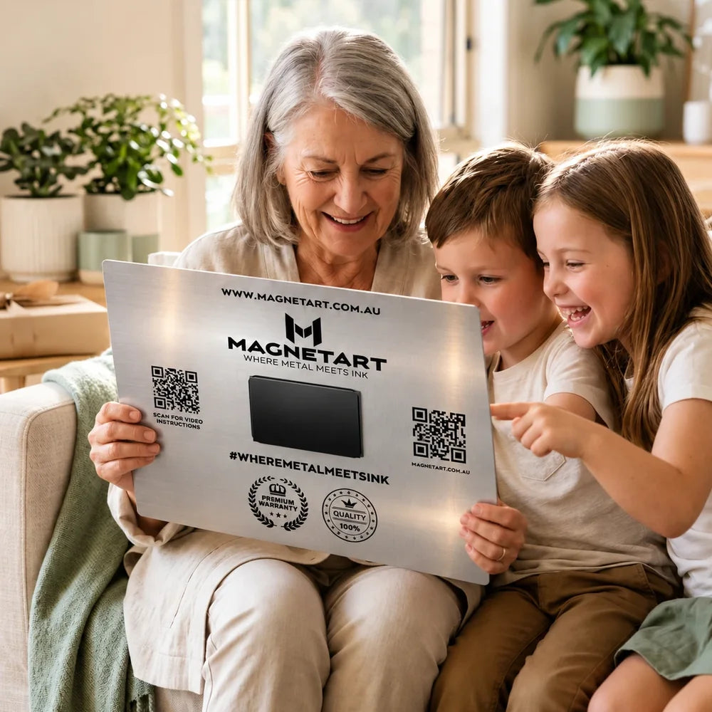 Grandmother and grandchildren looking at a metal photo print
