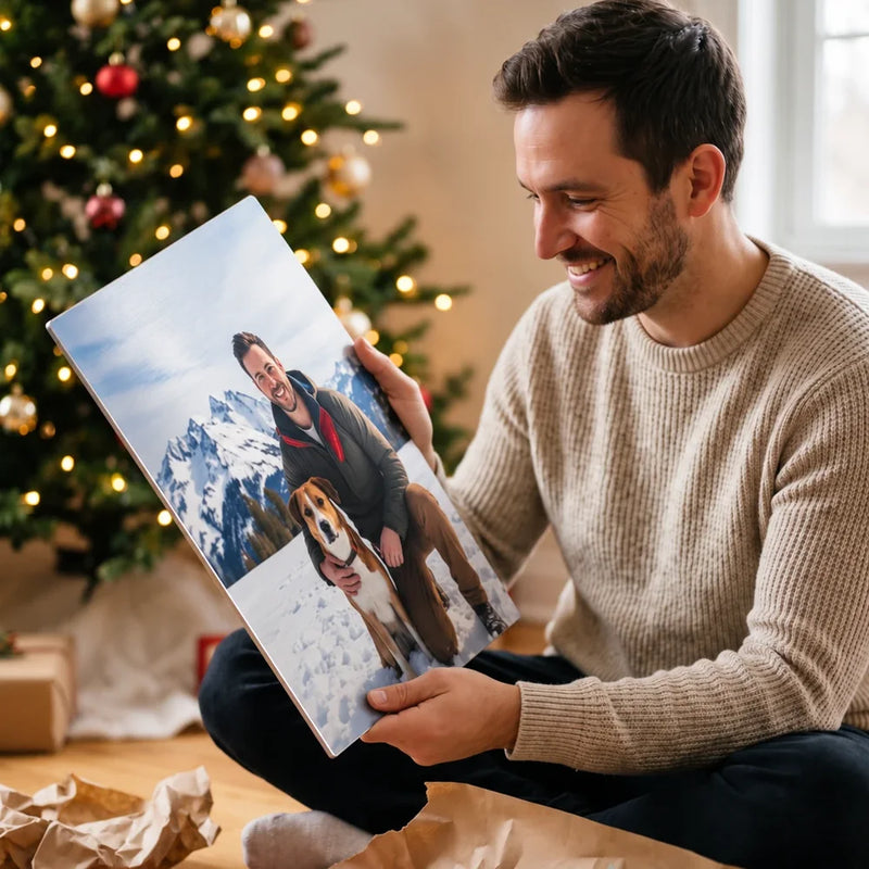 Man unwrapping a metal photo print by the Christmas tree