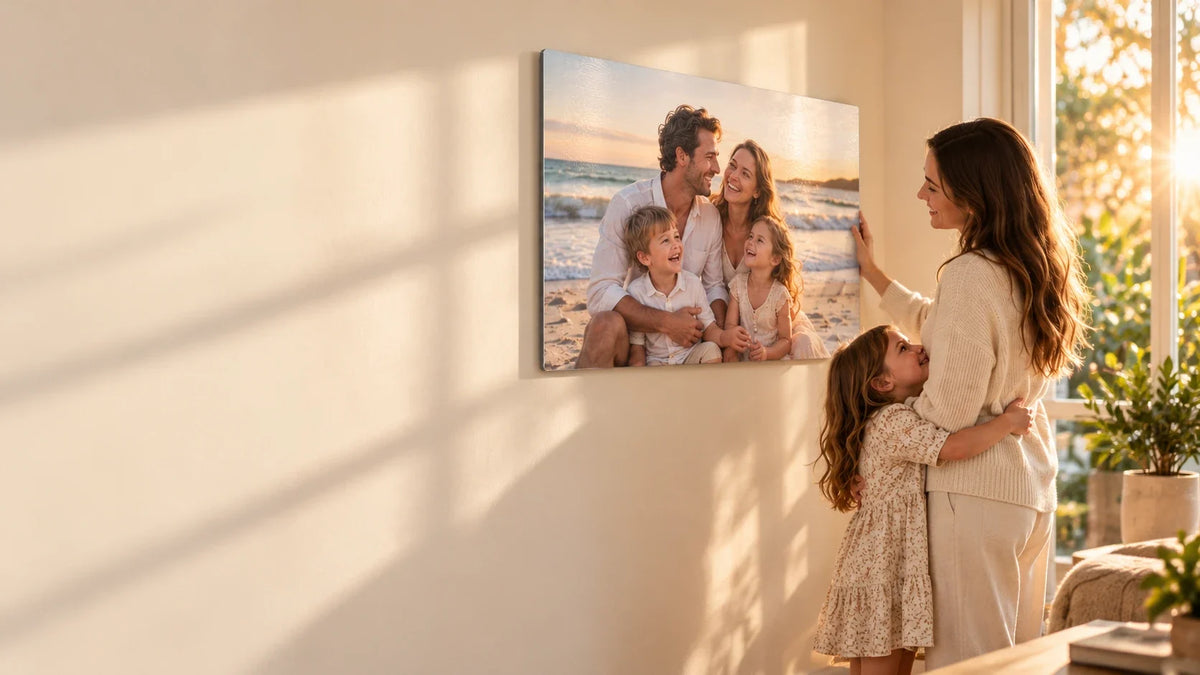 Mother hanging a family beach photo printed on metal while her daughter hugs her