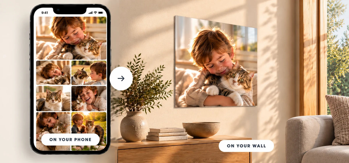 Photo of a boy hugging his cat on a phone, and the same photo printed as metal wall art