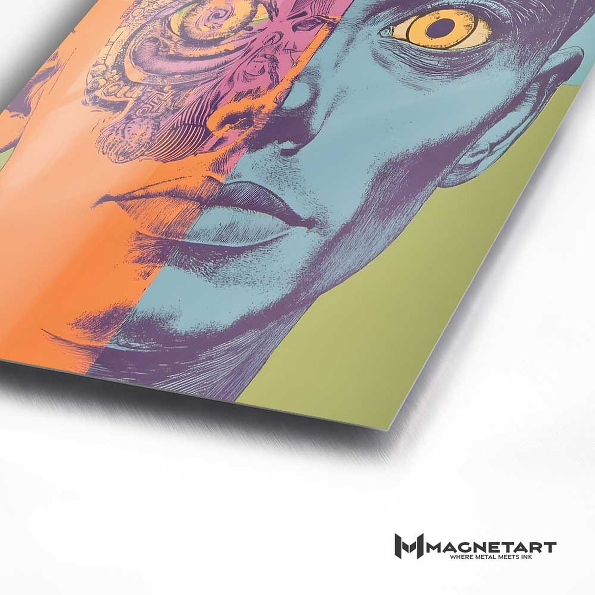Close-up of a metal print showing colour and detail on the aluminium surface