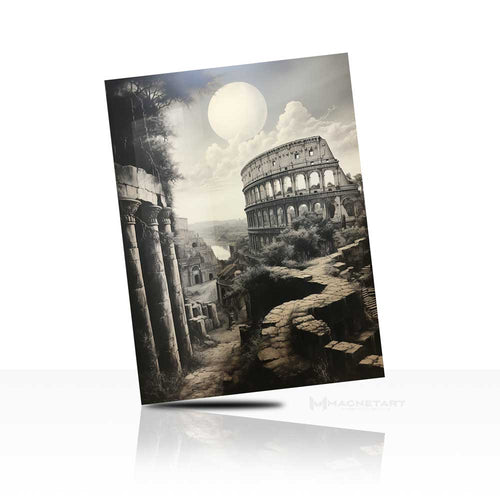 Ancient Ruins Under Moonlight Metal Wall Art – Black & White Vintage Architecture Aluminium Print | MagnetArt