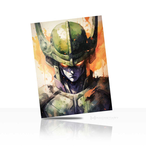 Futuristic Samurai Helmet Metal Wall Art – Anime Warrior Armour Aluminium Poster | MagnetArt