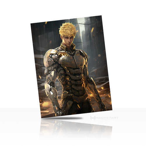 Cyberpunk Anime Soldier Metal Wall Art – Futuristic Armored Hero Aluminium Poster | MagnetArt