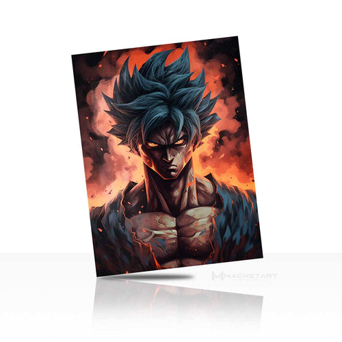 Blue Flame Anime Warrior Metal Wall Art – Dark Aura Power Character Aluminium Poster | MagnetArt