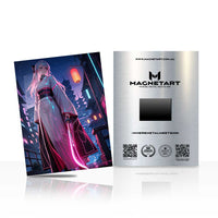 Neon Skyline Empress Metal Wall Art – Cyberpunk City Anime Portrait Magnetic Aluminium Print | MagnetArt