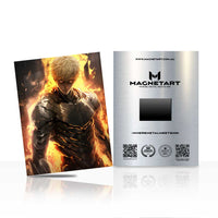 Blazing Anime Armored Warrior Metal Wall Art – Fire Aura Hero Aluminium Poster | MagnetArt