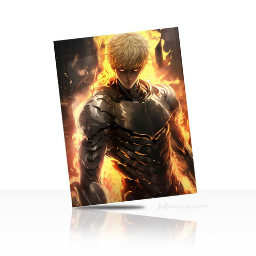 Blazing Anime Armored Warrior Metal Wall Art – Fire Aura Hero Aluminium Poster | MagnetArt