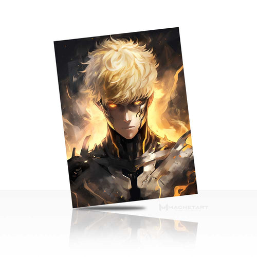 Cyber Anime Warrior Metal Wall Art – Glowing Eyes Futuristic Hero Aluminium Poster | MagnetArt