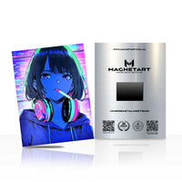 Neon Beat Dreamer Metal Wall Art – Cyber Anime Headphones Portrait Magnetic Aluminium Print | MagnetArt