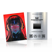 Crimson Signal Oracle Metal Wall Art – Cyberpunk Anime Portrait Magnetic Aluminium Print | MagnetArt