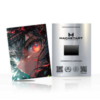 Crimson Ember Gaze Metal Wall Art – Cyber Anime Portrait Magnetic Aluminium Print | MagnetArt