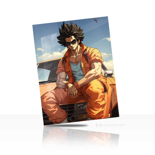 Anime Street Racer Hero Metal Wall Art – Cool Sunglasses Character Aluminium Poster | MagnetArt