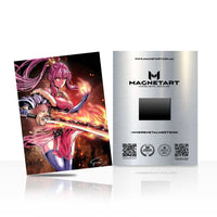 Infernal Sakura Blademaster Metal Wall Art – Anime Flame Katana Warrior Magnetic Aluminium Print | MagnetArt