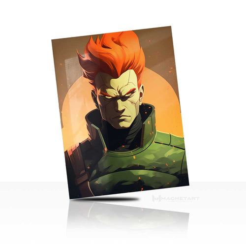 Red Hair Anime Warrior Metal Wall Art – Futuristic Anime Soldier Aluminium Poster | MagnetArt
