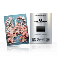 Cherry Blossom Canal City Metal Wall Art – Romantic European Spring Illustration Aluminium Print | MagnetArt