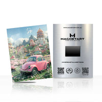 Dreamy Vintage Car Wall Art – Pastel Garden Scene Aluminium Print | MagnetArt