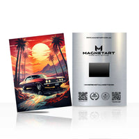 Retro Sunset Reflection Car Wall Art – Neon Palm Aluminium Print | MagnetArt