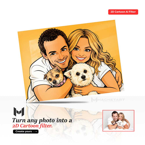 Custom 2D Cartoon Family & Pets Metal Wall Art – Personalised Photo to Cartoon Aluminium Print | MagnetArt