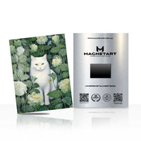 Enchanted White Cat Metal Wall Art – Botanical Feline Illustration Magnetic Aluminium Print | MagnetArt