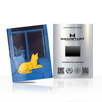 Golden Cat Window Wall Art – Minimal Night Scene Aluminium Print | MagnetArt