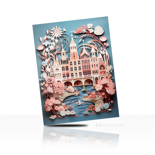Cherry Blossom Canal City Metal Wall Art – Romantic European Spring Illustration Aluminium Print | MagnetArt
