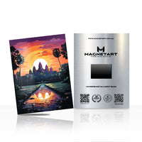 Neon City Campfire Metal Wall Art – Futuristic Skyline Sunset Aluminium Print | MagnetArt