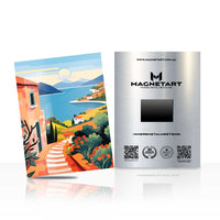 Mediterranean Coastal Escape Metal Wall Art – Colorful Seaside Village Magnetic Aluminium Print | MagnetArt
