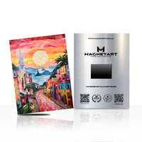 Coastal Mosaic Sunset Street Metal Wall Art – Vibrant Mediterranean City Aluminium Poster | MagnetArt