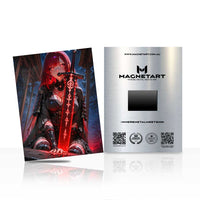 Crimson Neon Sentinel Metal Wall Art – Futuristic Cyber Warrior Magnetic Aluminium Print | MagnetArt