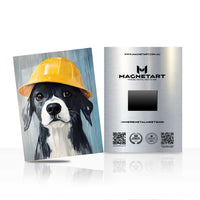 Construction Dog Wall Art – Playful Worker Puppy Aluminium Print | MagnetArt
