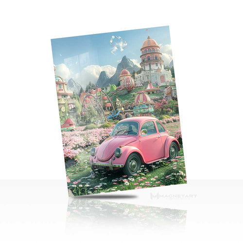 Dreamy Vintage Car Wall Art – Pastel Garden Scene Aluminium Print | MagnetArt