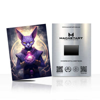 Mystic Purple Cat Mage Metal Wall Art – Fantasy Magic Character Aluminium Poster | MagnetArt