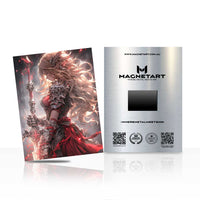 Crimson Storm Enchantress Metal Wall Art – Ethereal Fantasy Warrior Magnetic Aluminium Print | MagnetArt