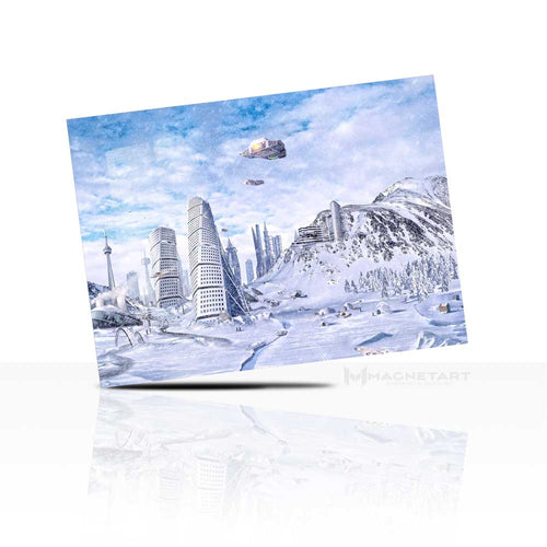 Frozen Futuristic City Metal Wall Art – Icy Sci-Fi Landscape Aluminium Print | MagnetArt