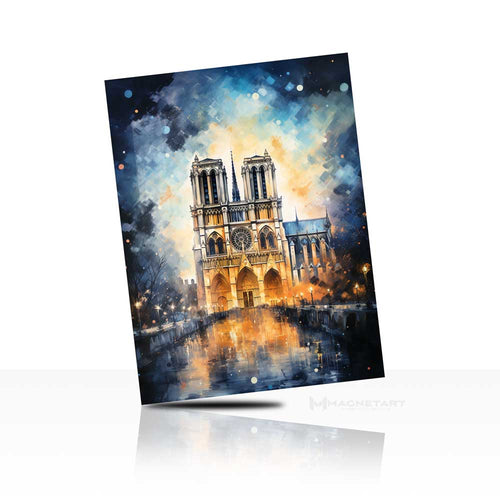 Golden Cathedral Night Metal Wall Art – Illuminated European Architecture Aluminium Print | MagnetArt