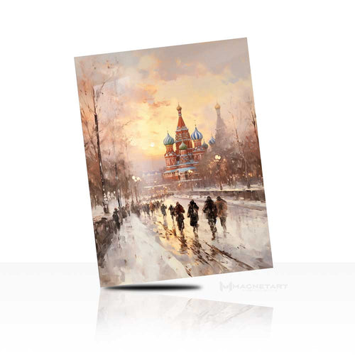 Golden Winter City Walk Metal Wall Art – Warm Snow Street Scene Aluminium Print | MagnetArt