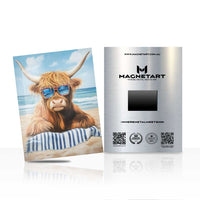 Beach Highland Cow Metal Wall Art – Funny Summer Animal Magnetic Aluminium Print | MagnetArt