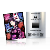 Neon Kitsune Nightscape Metal Wall Art – Cyberpunk Fox Mask Anime Portrait Magnetic Aluminium Print | MagnetArt