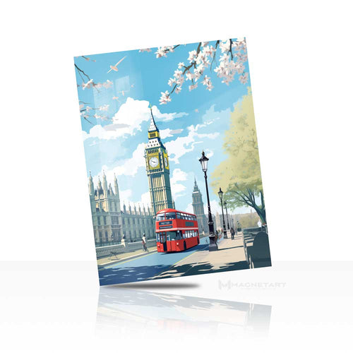 London Big Ben Spring Day Metal Wall Art – Red Bus UK Aluminium Print | MagnetArt