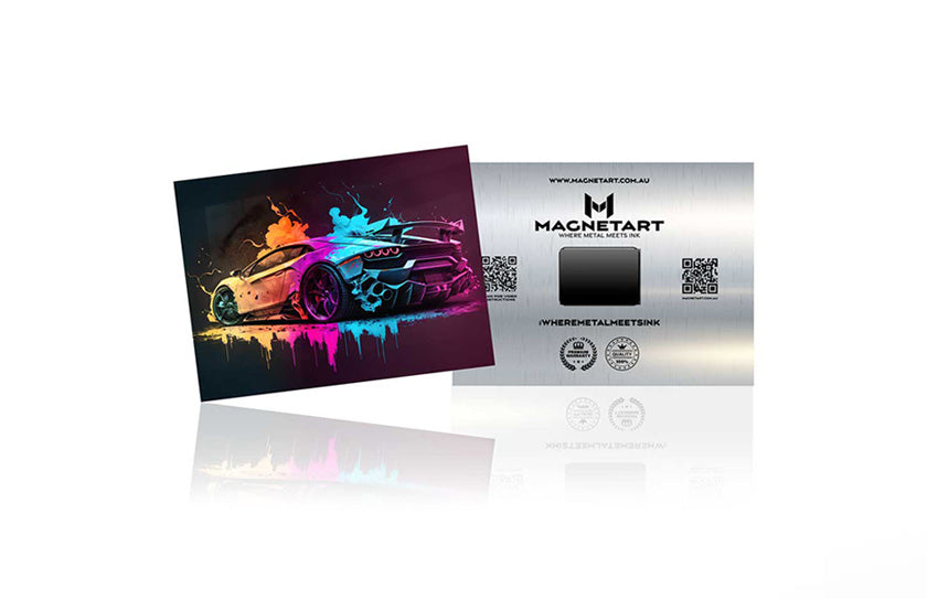 MagnetArt aluminum metal photo print with colorful car design and magnetic wall mounting system