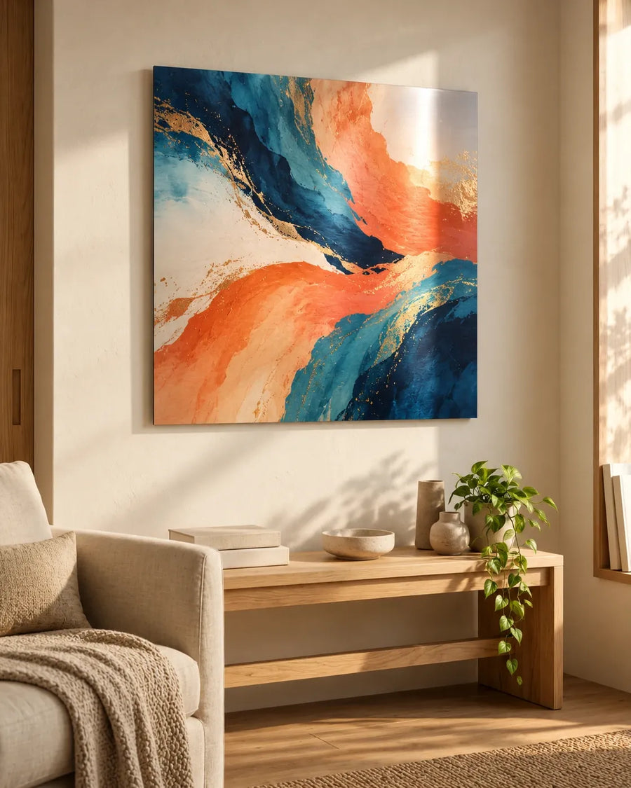 Abstract orange, teal and gold artwork on a metal print in a sunlit modern living room