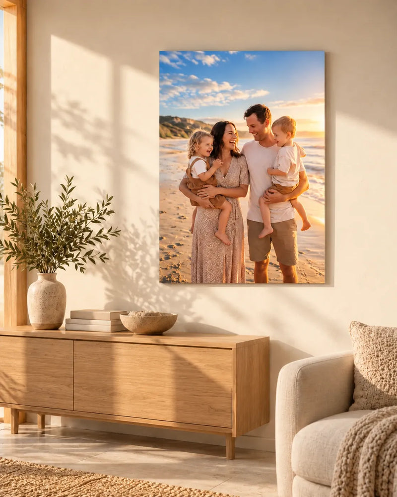 Sunset family beach photo on a metal print above an oak sideboard in a sunlit Australian living room
