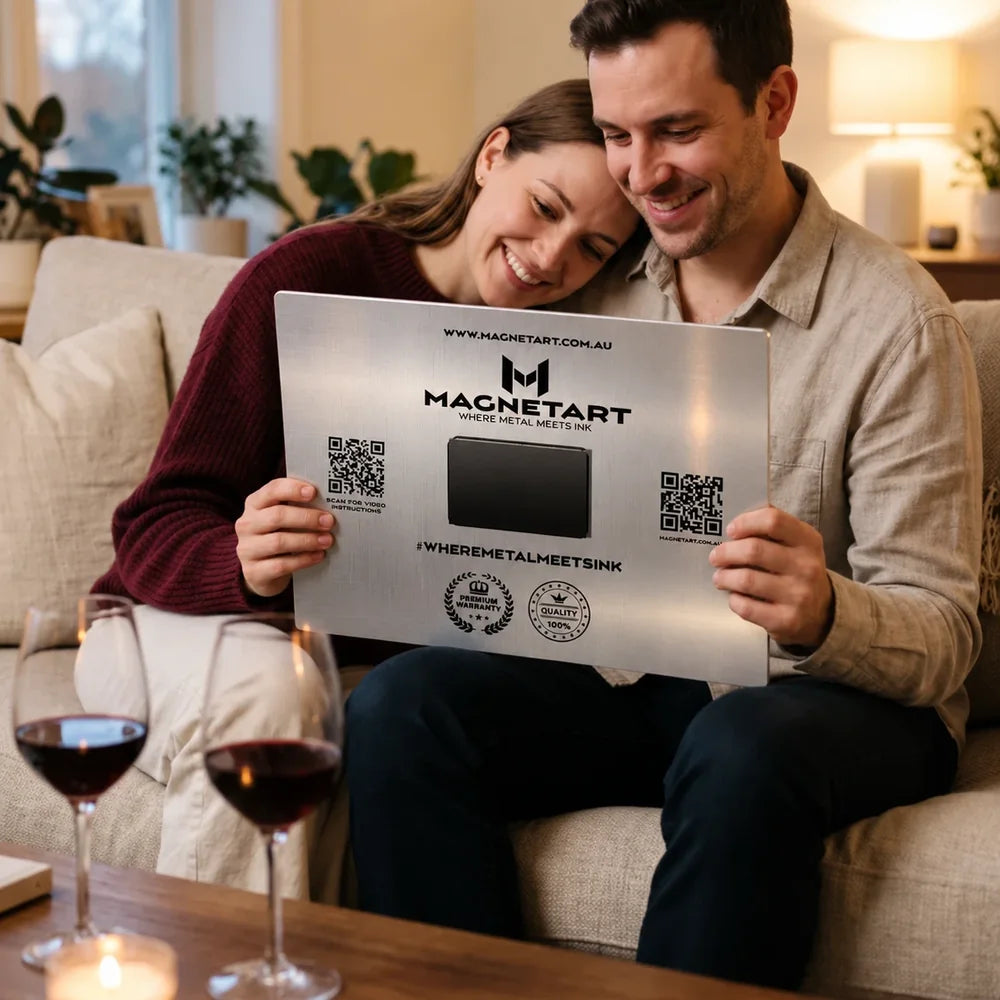 Couple looking at their metal photo print anniversary gift