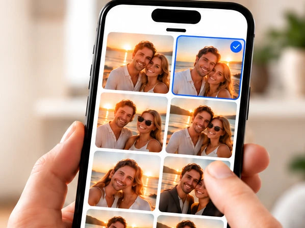 Choosing a couple's beach photo on a phone