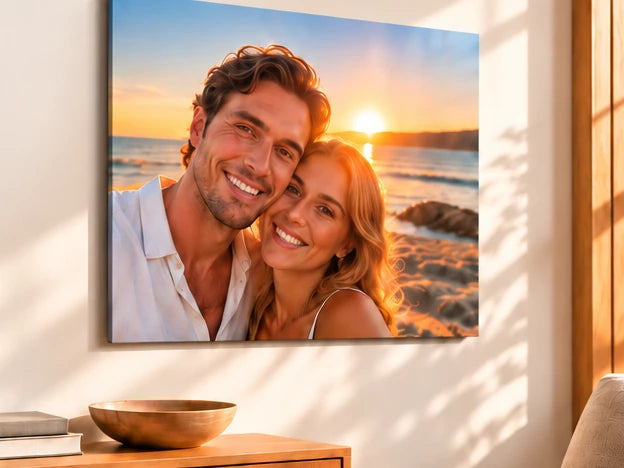 The couple's beach photo printed as metal wall art