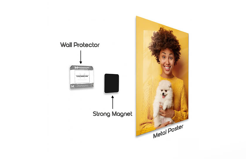 MagnetArt metal photo print with woman and dog using magnetic wall mounting system