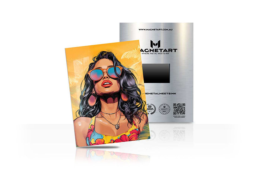 MagnetArt metal photo print featuring woman with sunglasses and magnetic wall mounting system