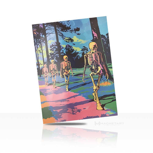 Neon Skeleton Walk – Pop Art Forest Metal Wall Art